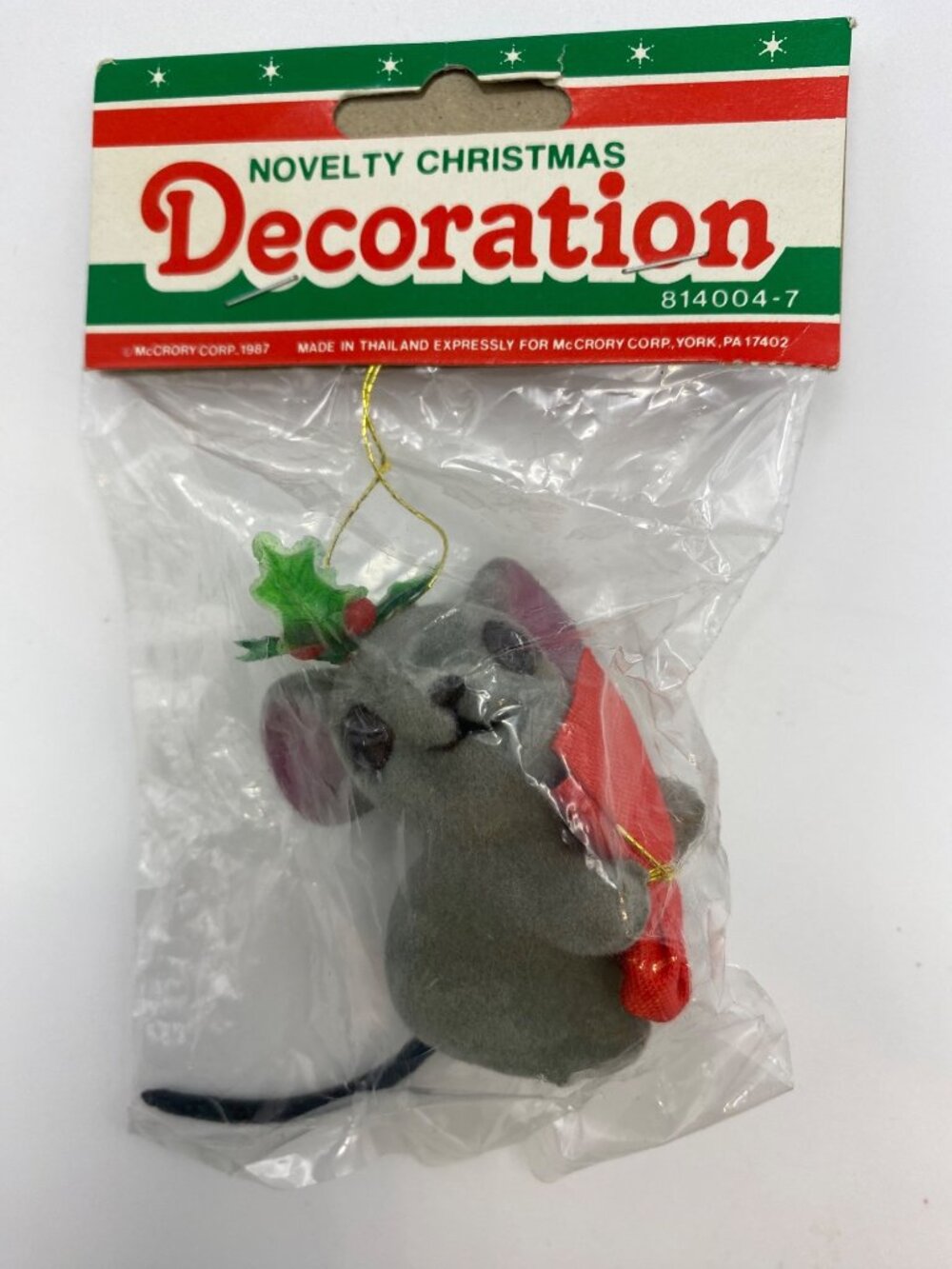Vintage 1987 McCrory Novelty Christmas Mouse Ornament With Holly & Sack